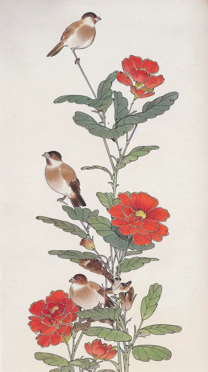 三只鸟儿,或觅食花丛,或静立枝头,或翩然飞翔.
