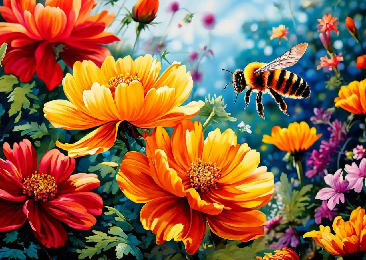 蜜蜂飞舞于花丛,它们轻盈的身姿在花瓣间穿梭.