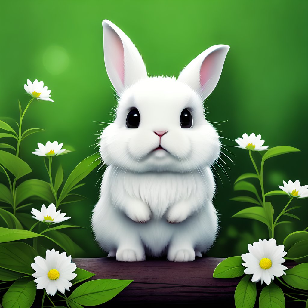 毛茸茸的小兔子,坐在绿色草地上,享受着鲜花的陪伴.