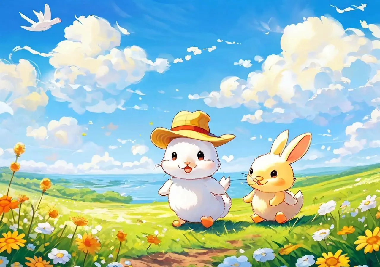 下的两只兔子 图片太阳花朵蝴蝶和兔子兔子和小鸡4k超清全面屏壁纸