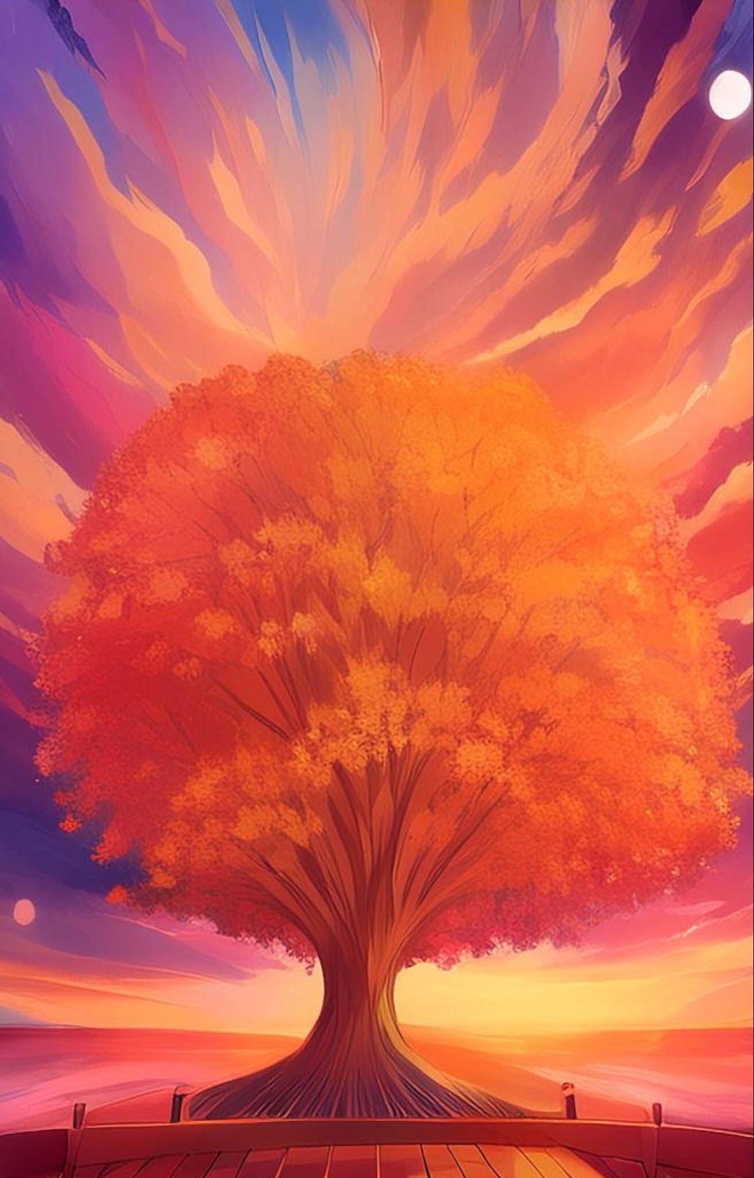 秋天的红棕色大树,太阳升起在树后,映照出温暖又宁静的画面.