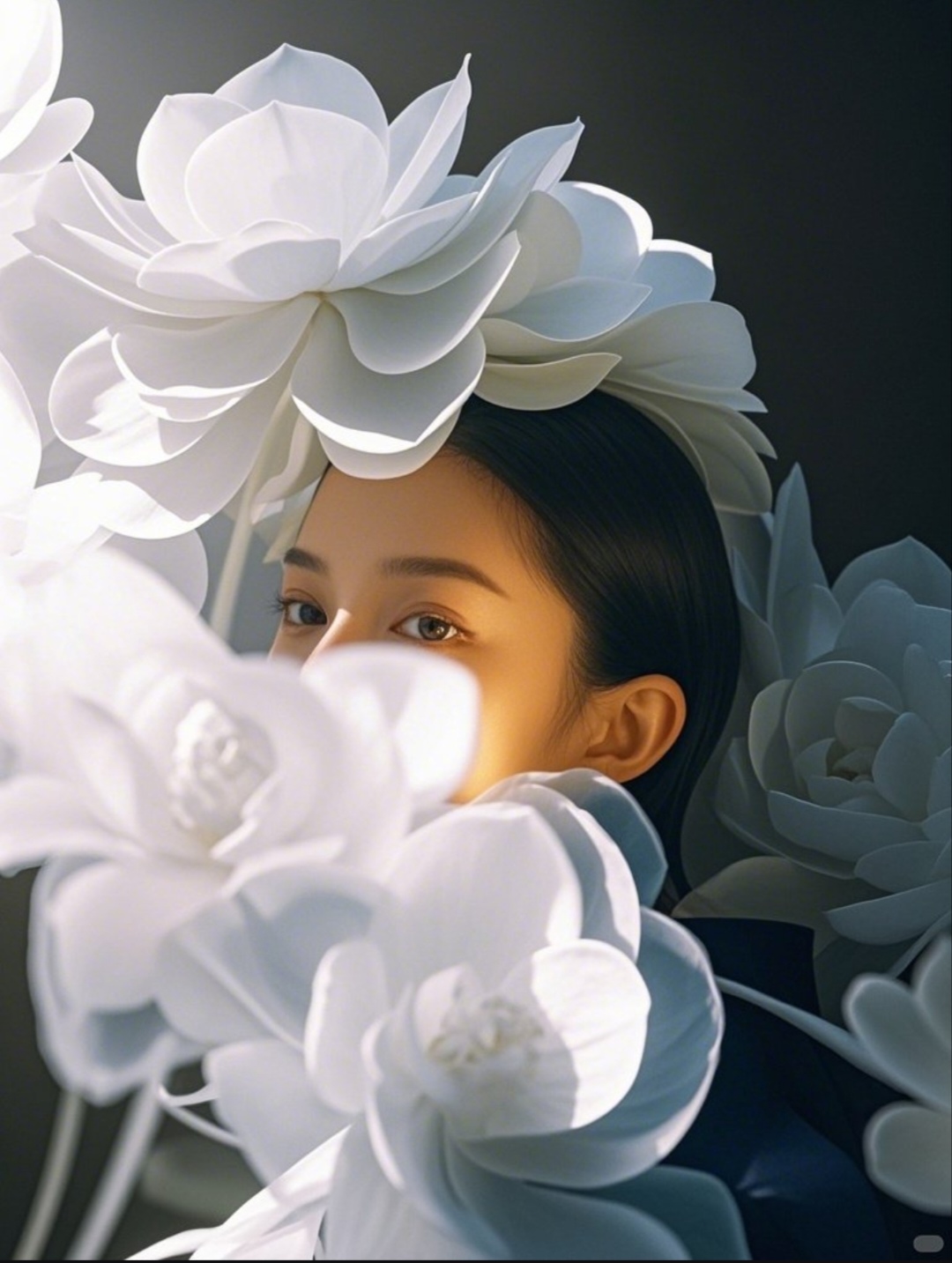 新娘仿佛置身于仙境,周围环绕着纯洁的莲花,她优雅地坐在花瓣铺成的