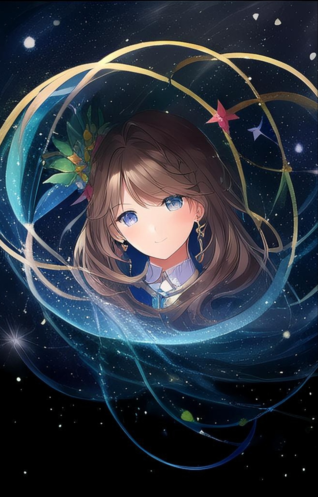 有一位蓝眼女孩,她身穿蓝色衣裳,头戴蓝色蝴蝶结,静静地凝望着星辰.