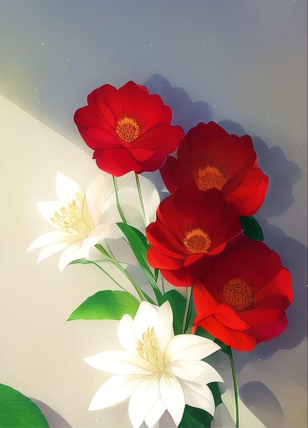 四朵花,三红一白,每朵五个花瓣,浅灰背景.