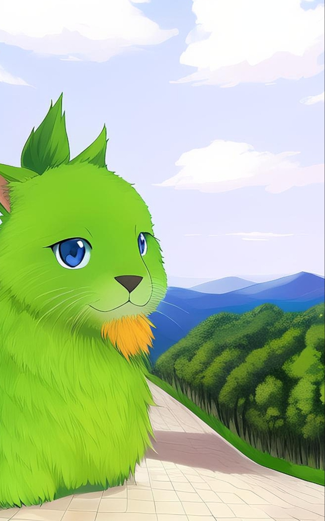 在花园的小径上,有一只绿色的猫正在悠闲地散步.