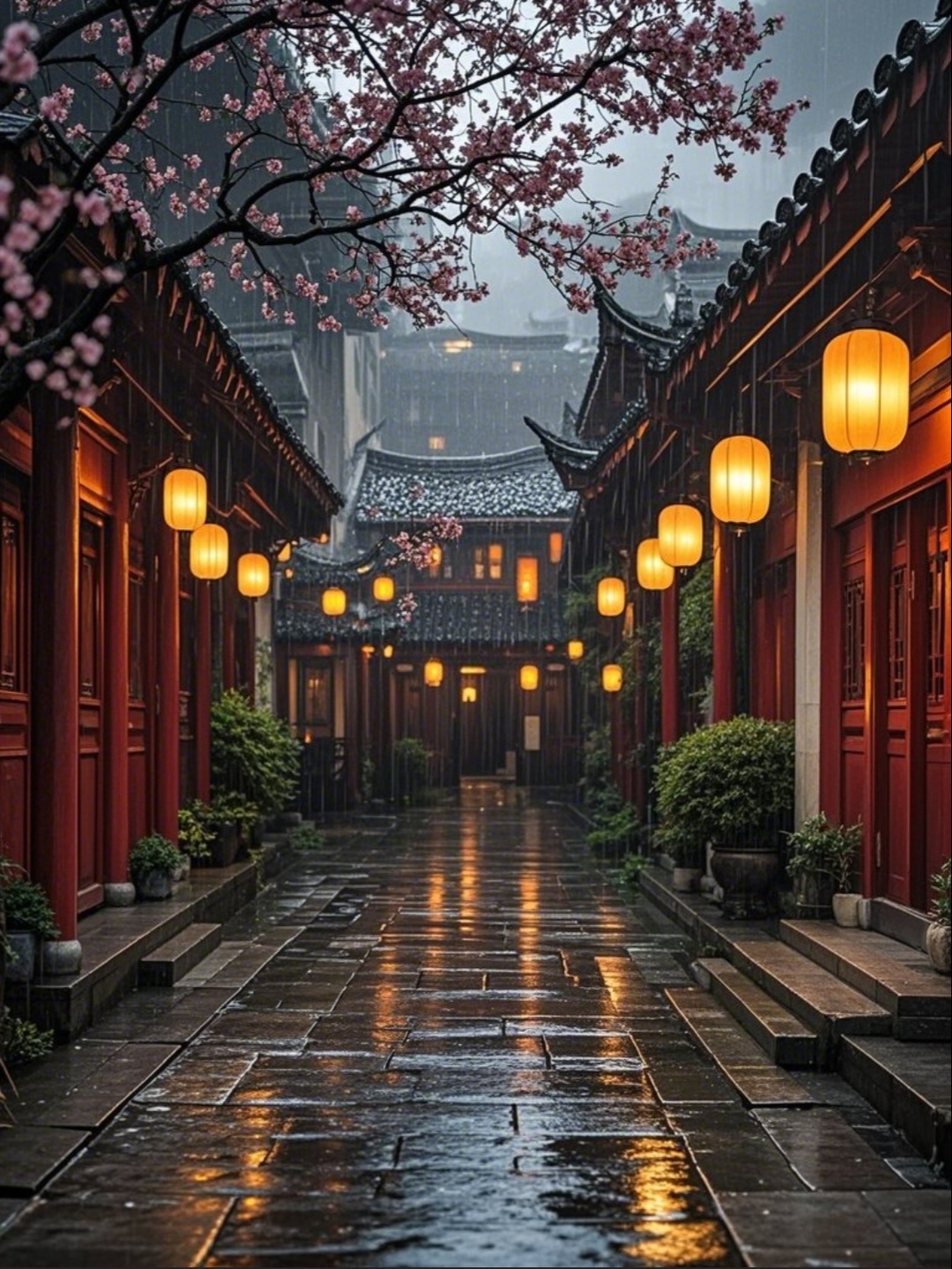 雨中的古风街道,灯笼映水照亮青石路,仿佛穿越回古代.#自然