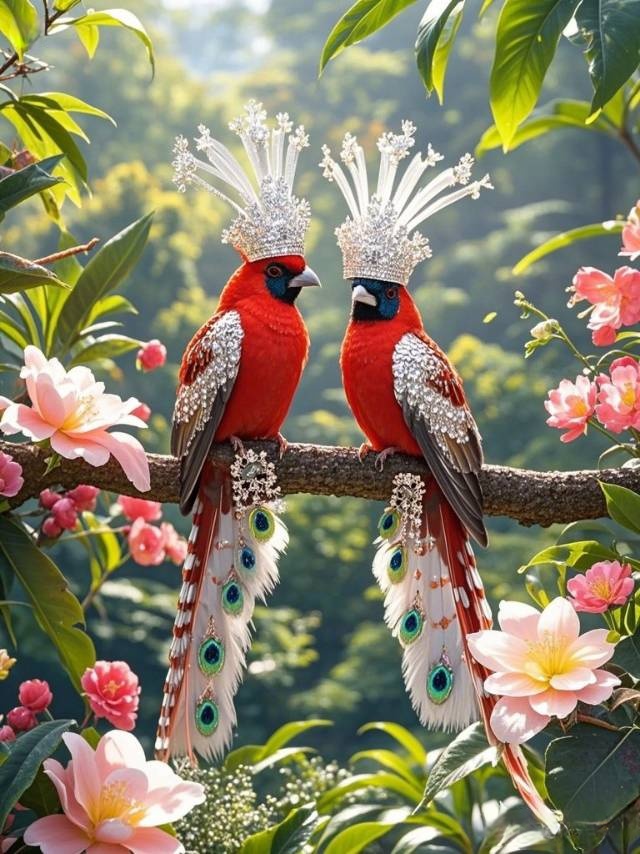 皇家花园里,两只孔雀展开华美的尾屏,如流动的锦缎在阳光下闪烁