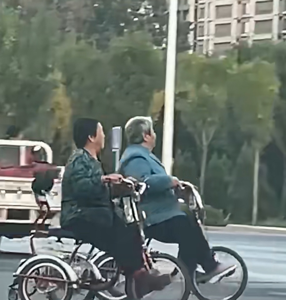 两大妈靠路边悠闲地骑着三轮车,她们骑车的背影引来无数羡慕的眼忖