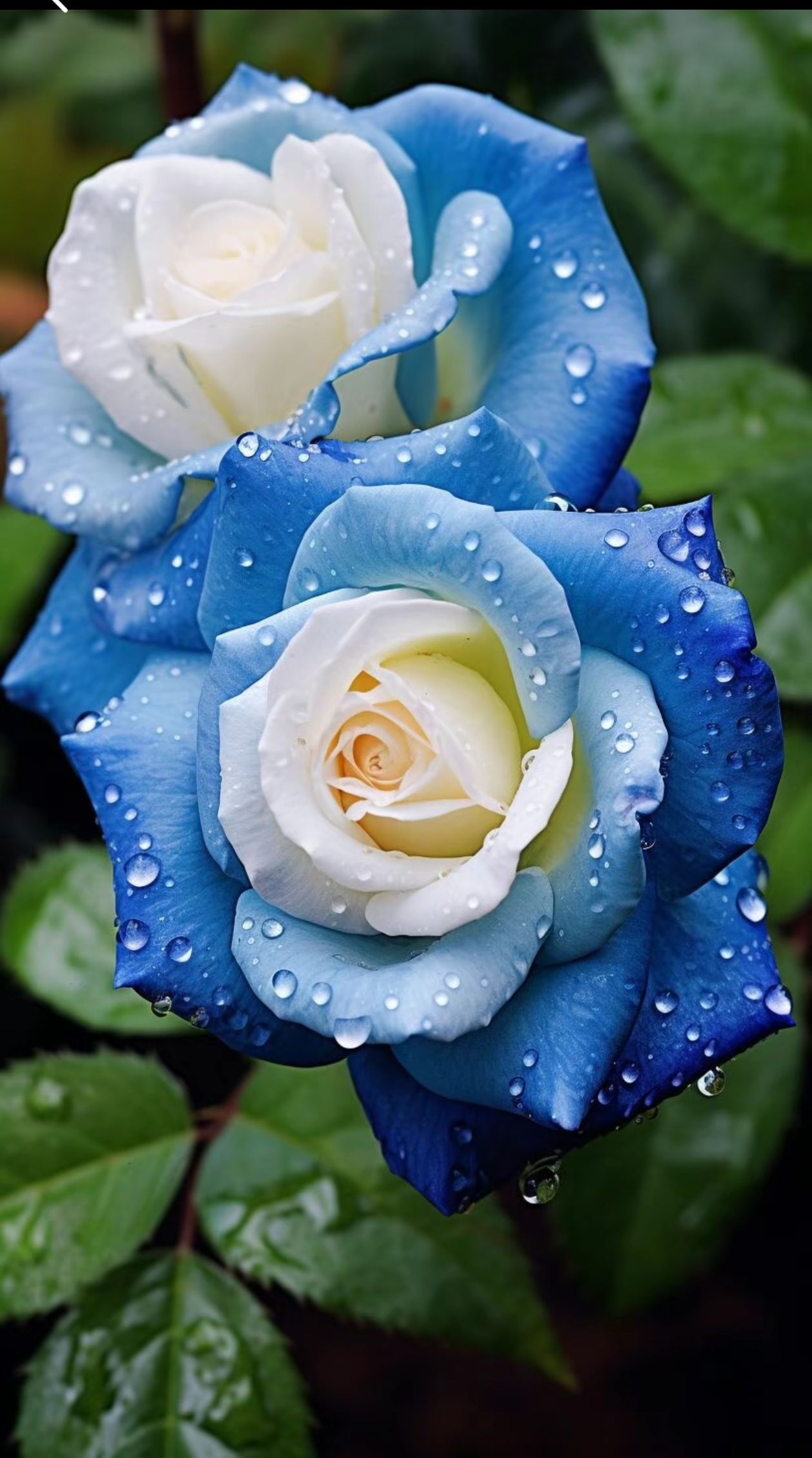 蓝白玫瑰,清新脱俗水珠点缀,更添魅力愿你如花般绽放,美丽动人!