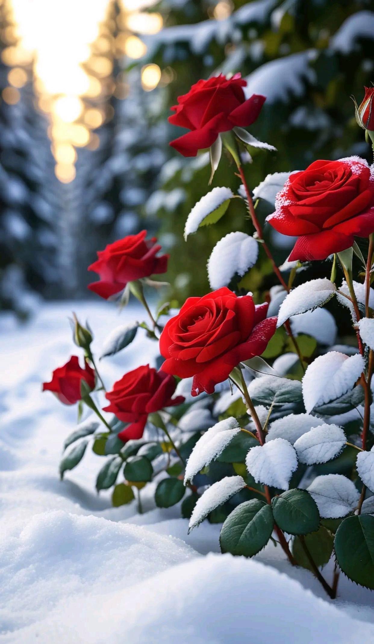白雪皑皑中,一丛红玫瑰娇艳欲滴,犹如冬日里的一抹温暖.