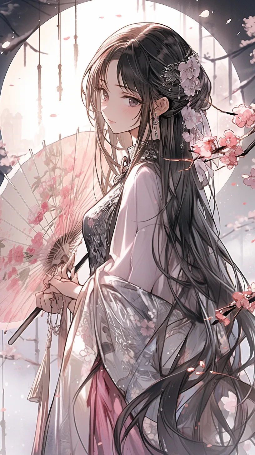 樱花树下,古装美人,执扇轻舞