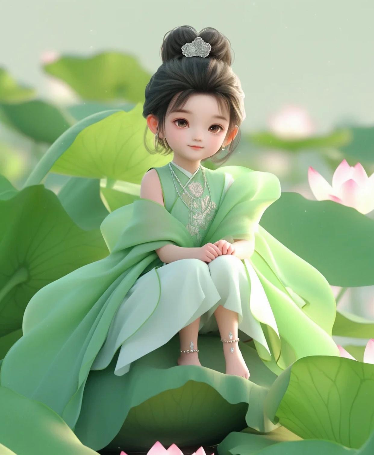 湖中,一个身穿碧绿古装的小女孩,轻盈地坐于荷叶之上,宛若一朵初绽的