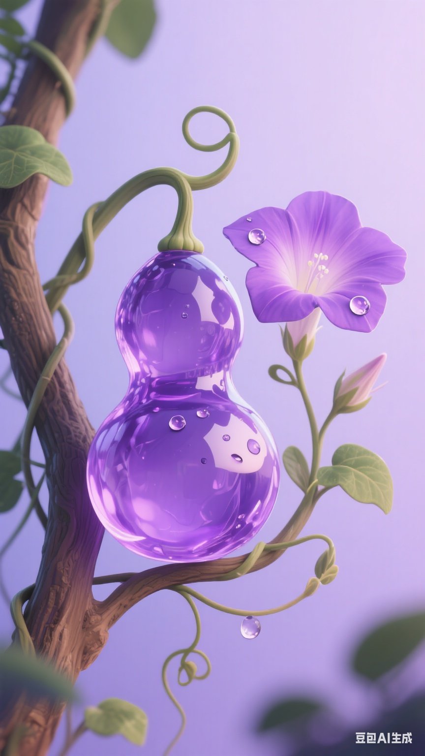 紫色葫芦太可爱了吧,上面还挂着水珠,旁边还有花朵相伴,真是梦幻般的