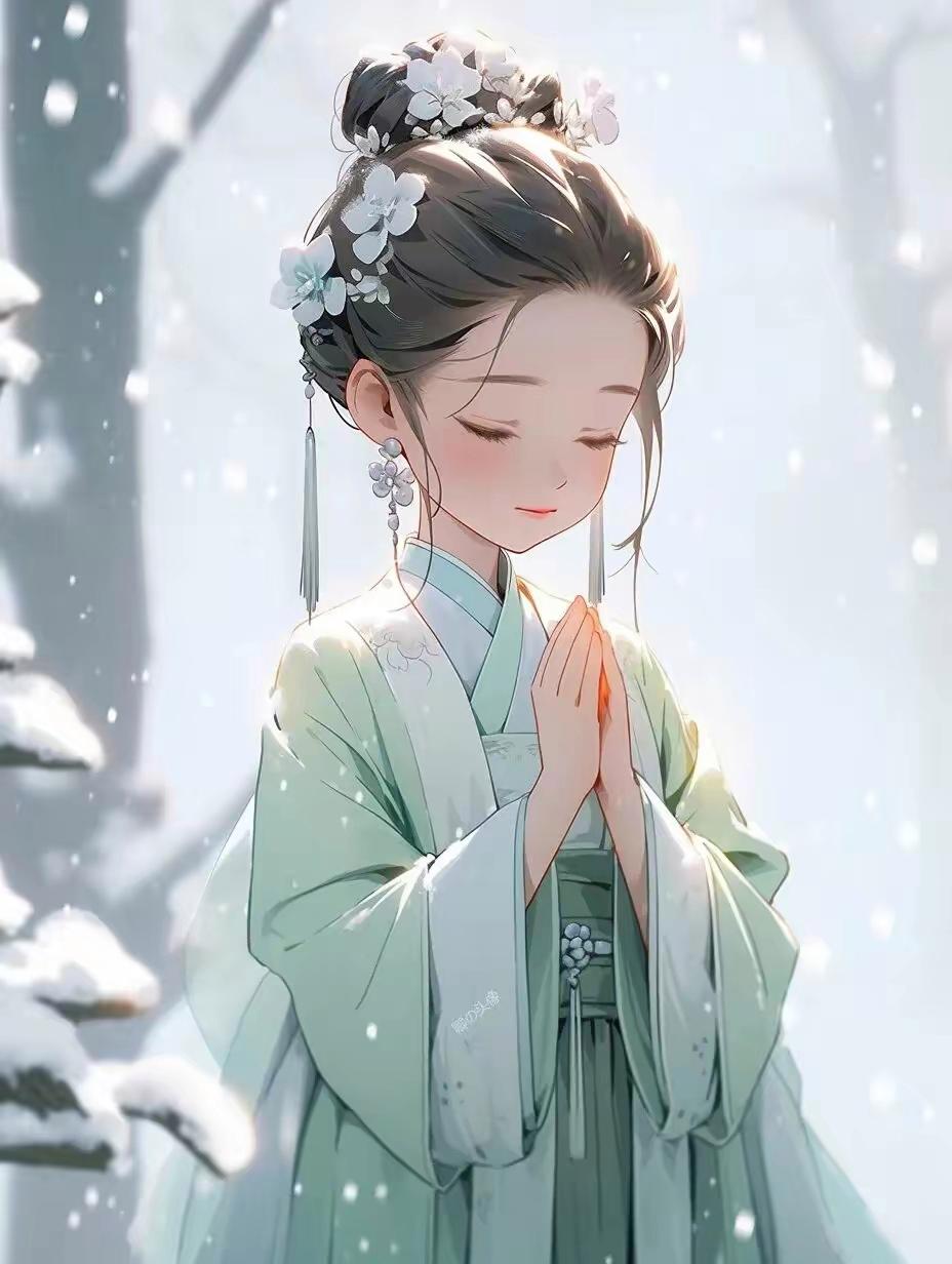 在这飘雪的冬日,一位绿衣古装女子静立,双手合十,仿佛与世隔绝.