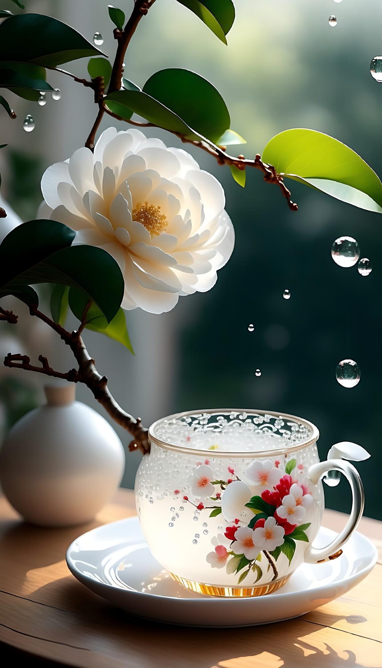 午后的阳光撒在窗前的杯子上,两朵花儿静静绽放.