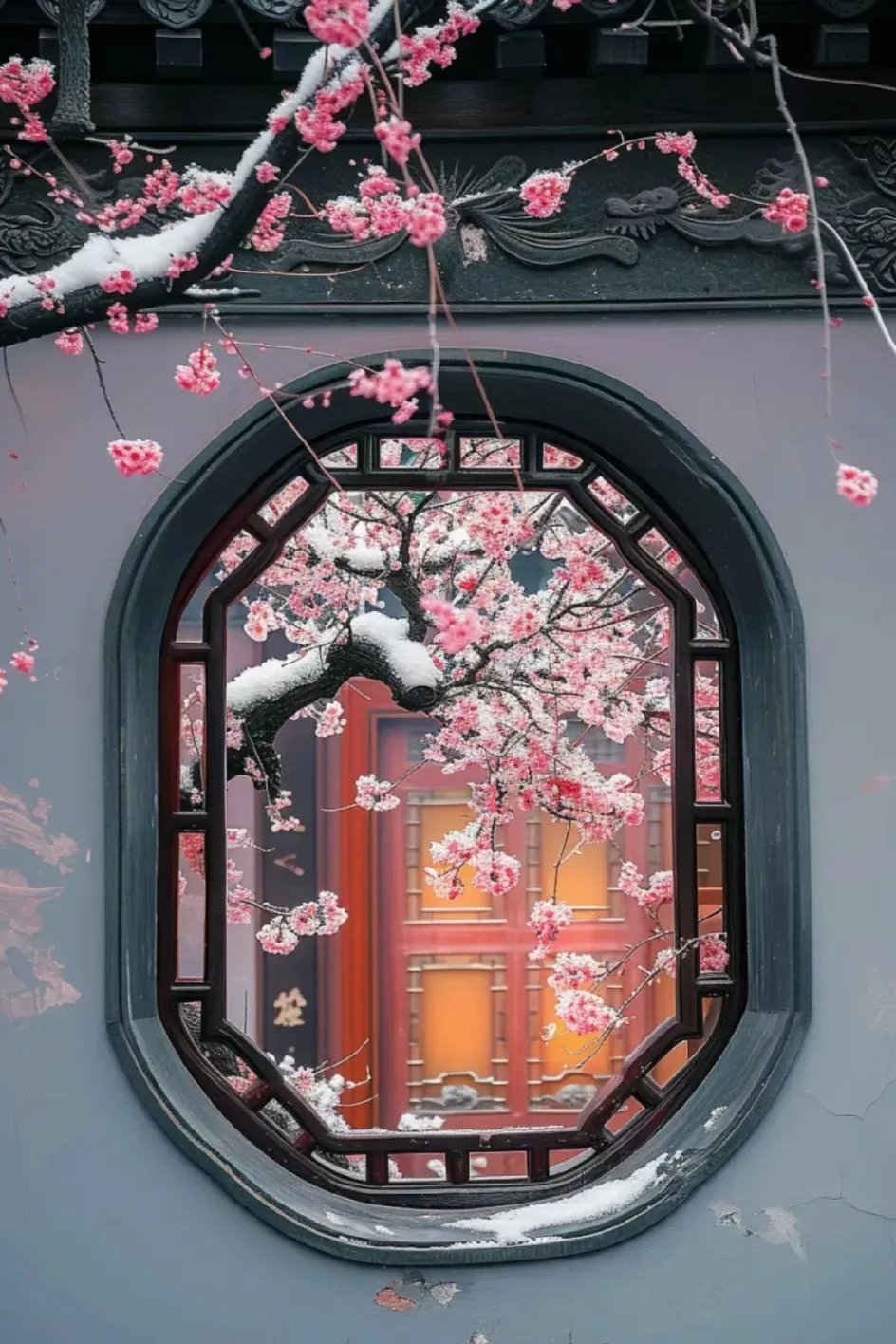 窗棂上中国风的精致装饰,与飘落的樱花瓣相映成趣.