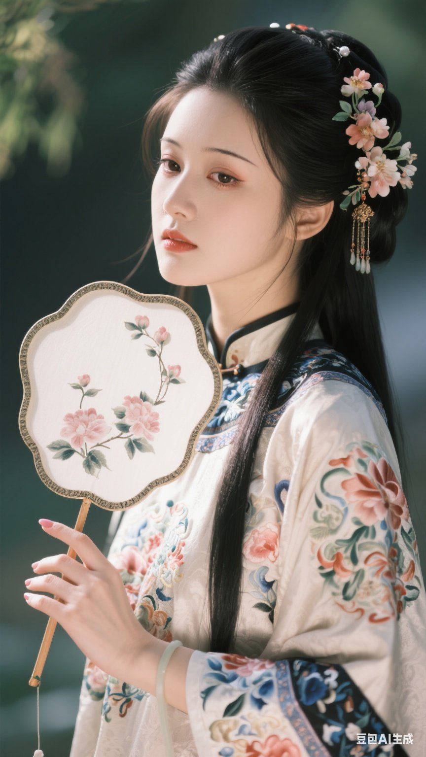 "穿越时光的隧道,遇见古韵今香的女子,手持团扇,笑颜如花