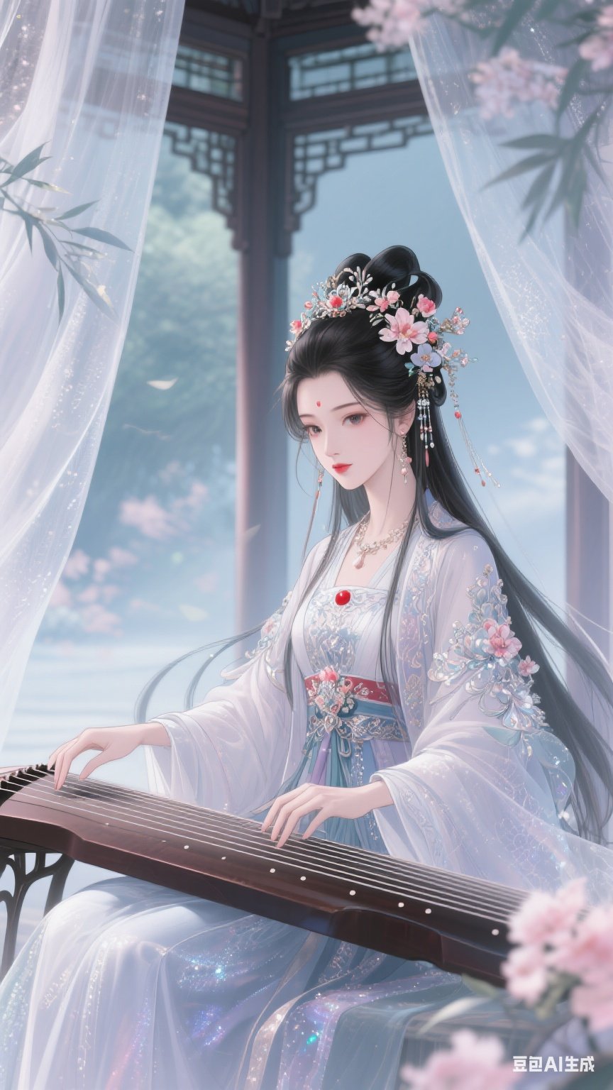 古风小姐姐弹奏古筝,美如画卷,仿佛能听到悠扬琴声