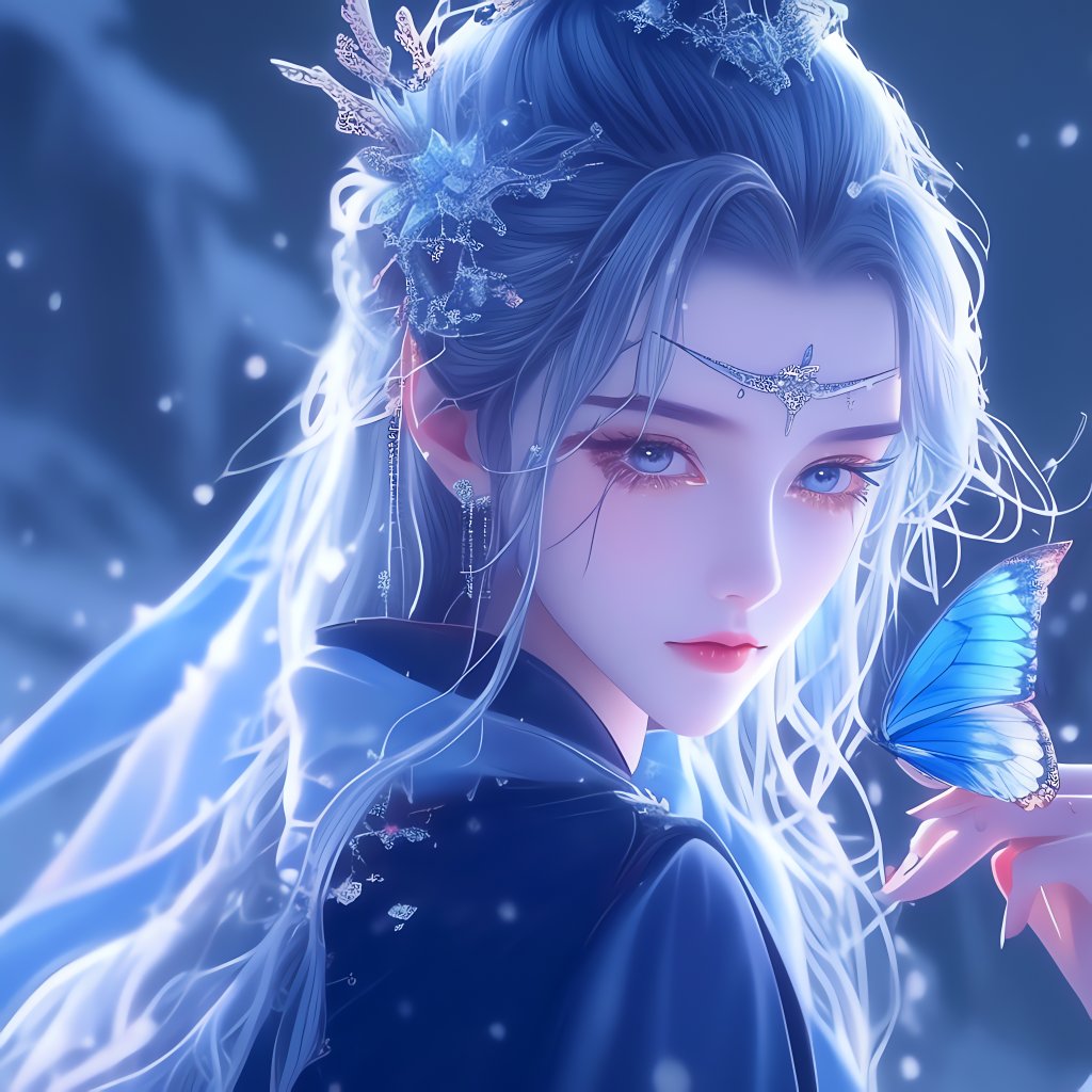 雪中精灵,蓝发少女与蝴蝶的邂逅