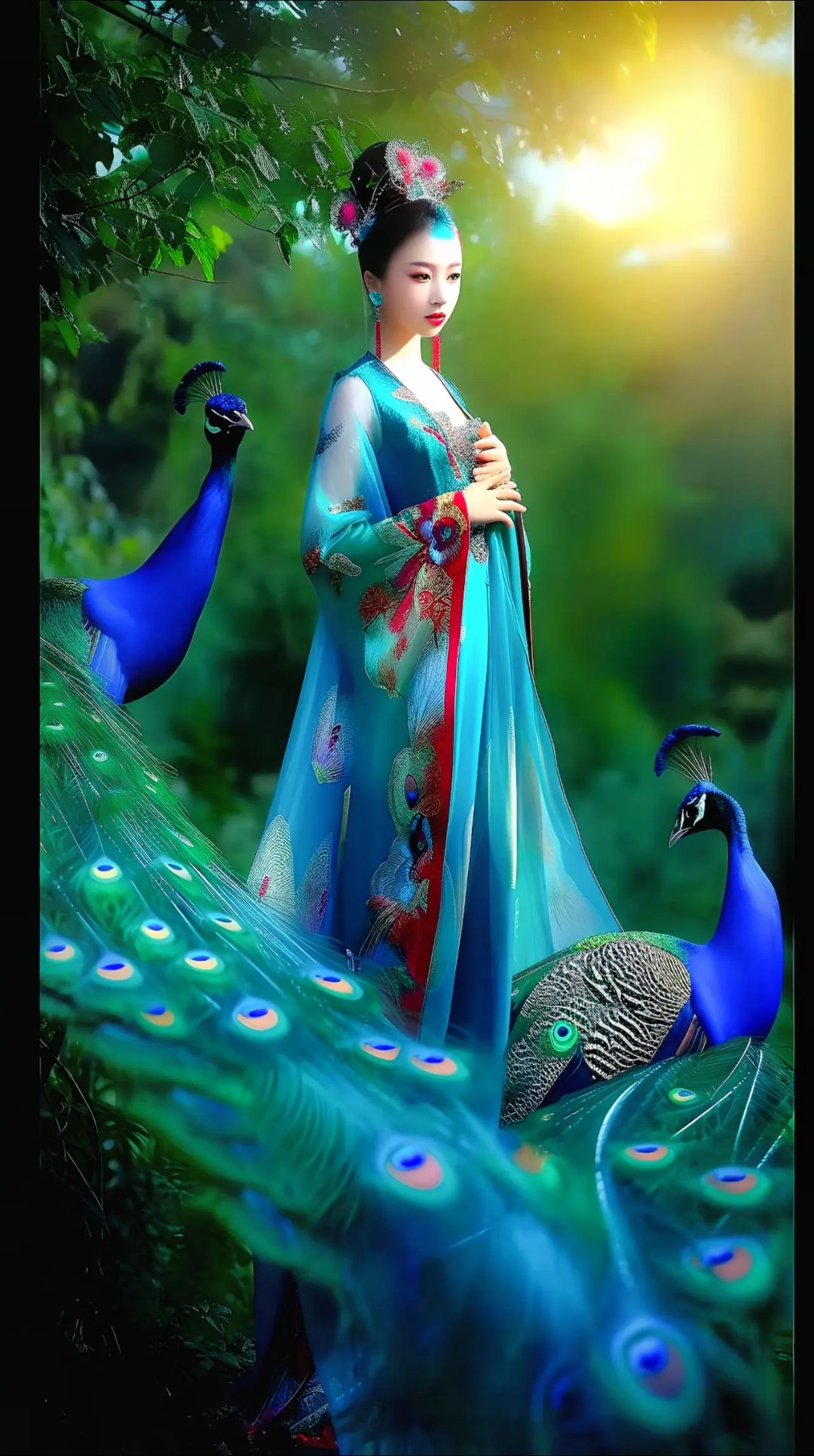孔雀开屏,绚烂夺目,似在为佳人助兴