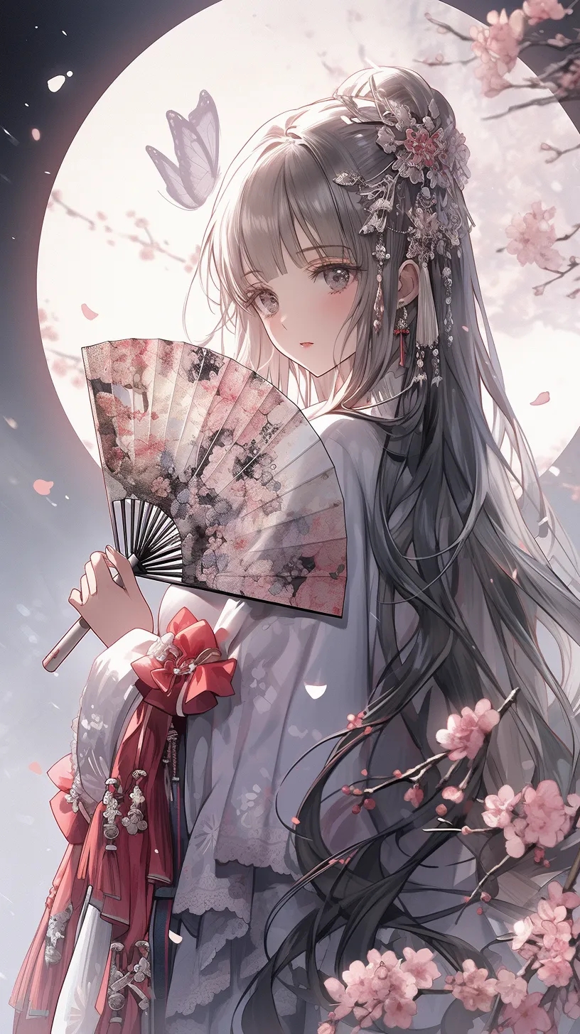 樱花树下,古装美人,执扇轻舞