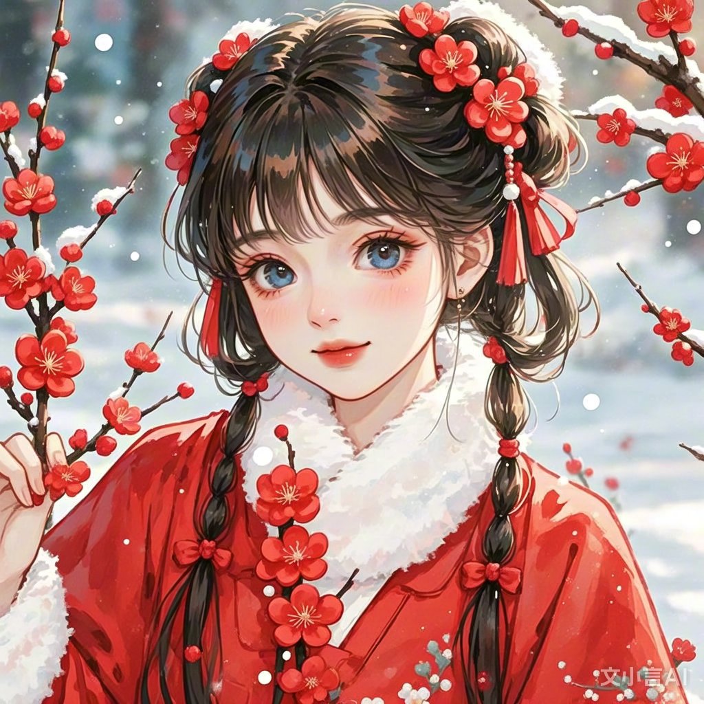 雪中赏梅,红衣少女,喜上眉梢