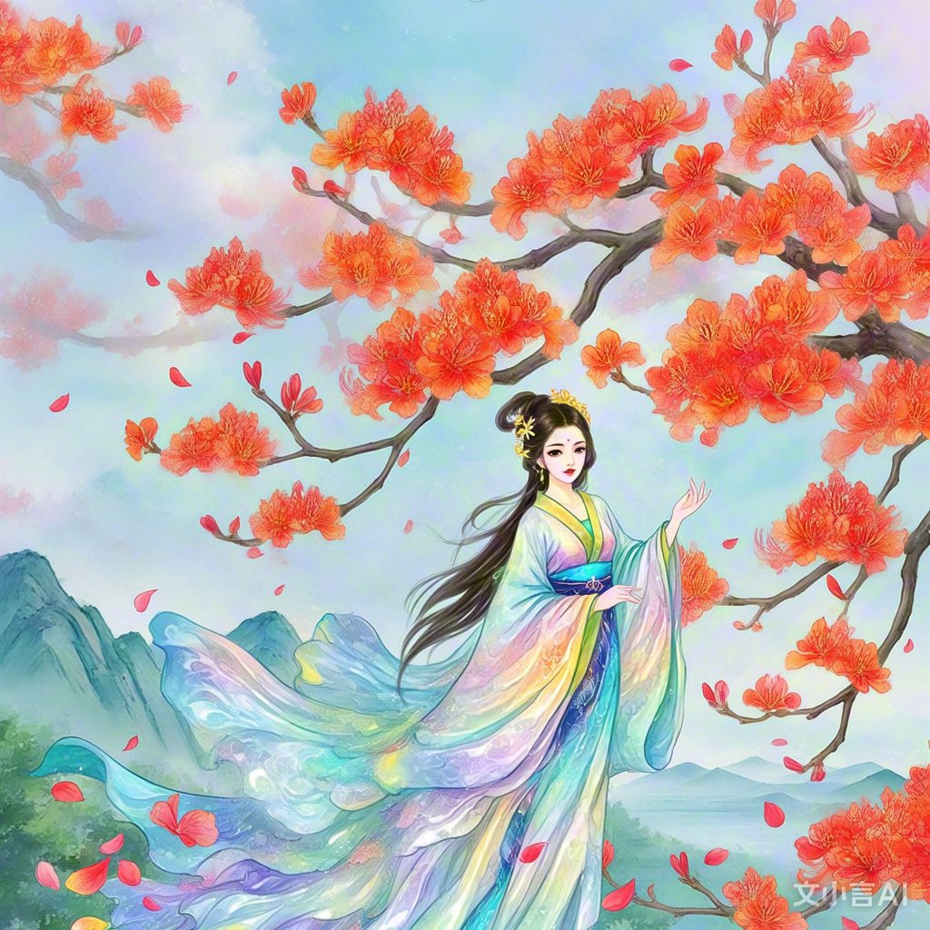 春风拂面桃花笑,仙女轻舞落花间
