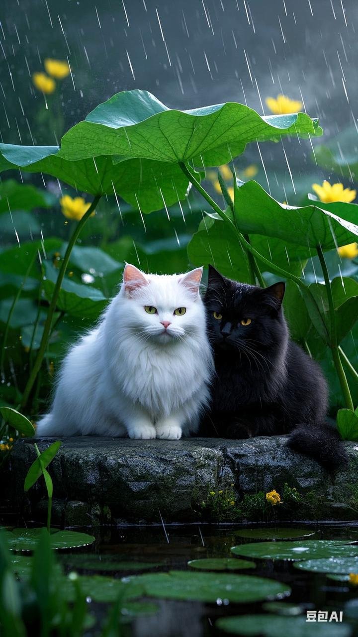 雨中寻得一丝宁静,白猫黑猫相伴,共坐石上,仿佛在说:"雨天,也要有猫的