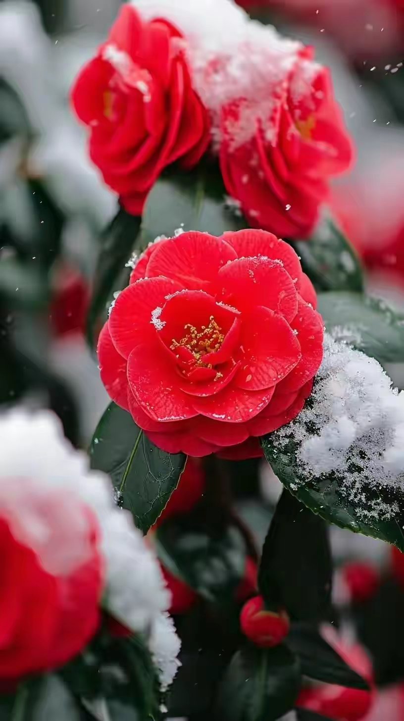在冬日的寂静中,一簇粉色的山茶花傲然挺立,雪花轻轻覆盖,仿佛为它披