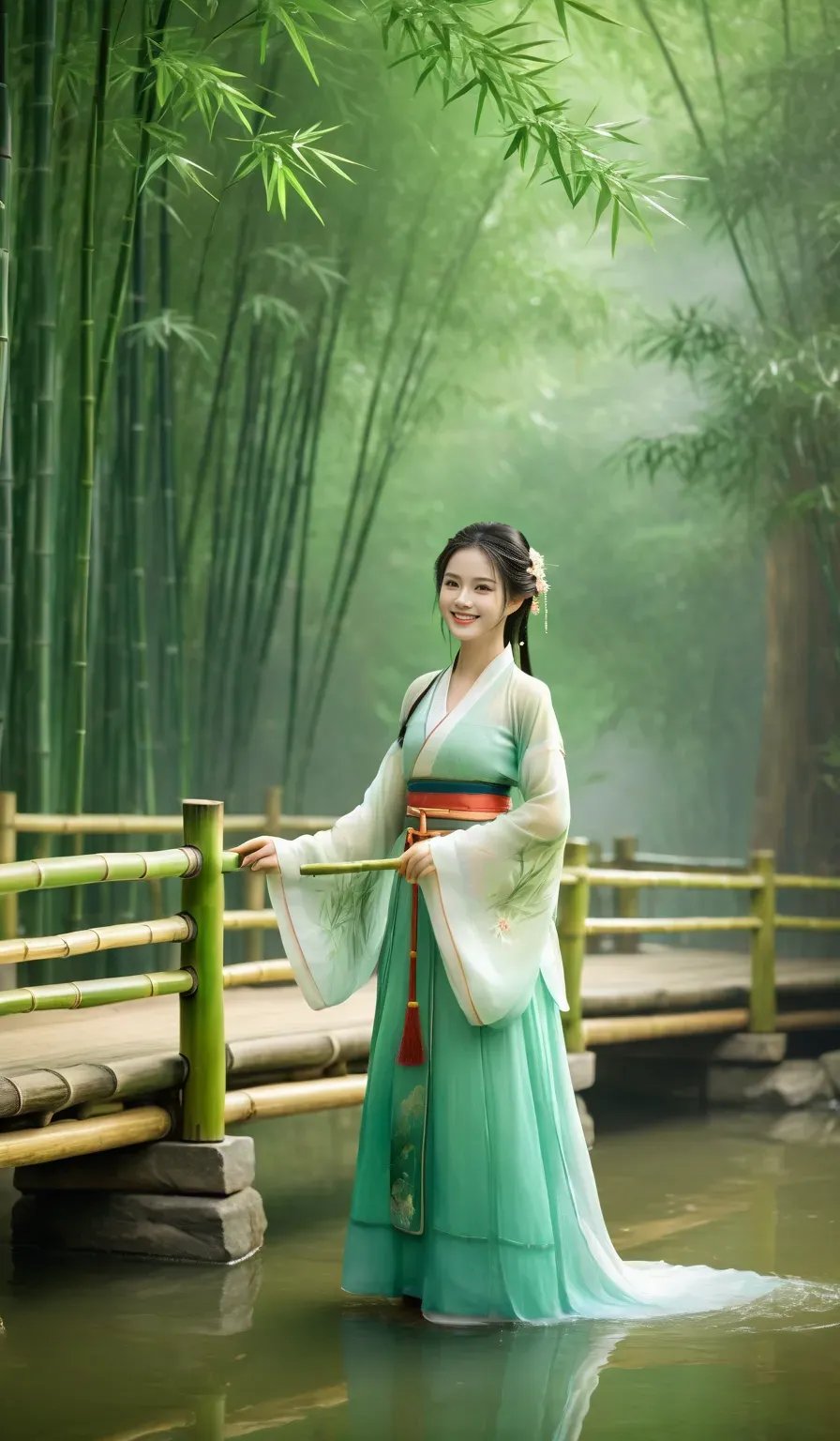 图中那古装少女,宛如诗中仙子,踱步于木桥之上.