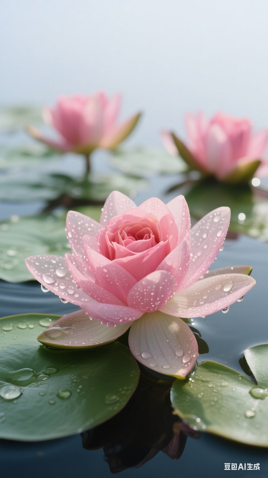 清晨的露珠,润泽着粉嫩的荷花,仿佛大自然精巧的珍珠
