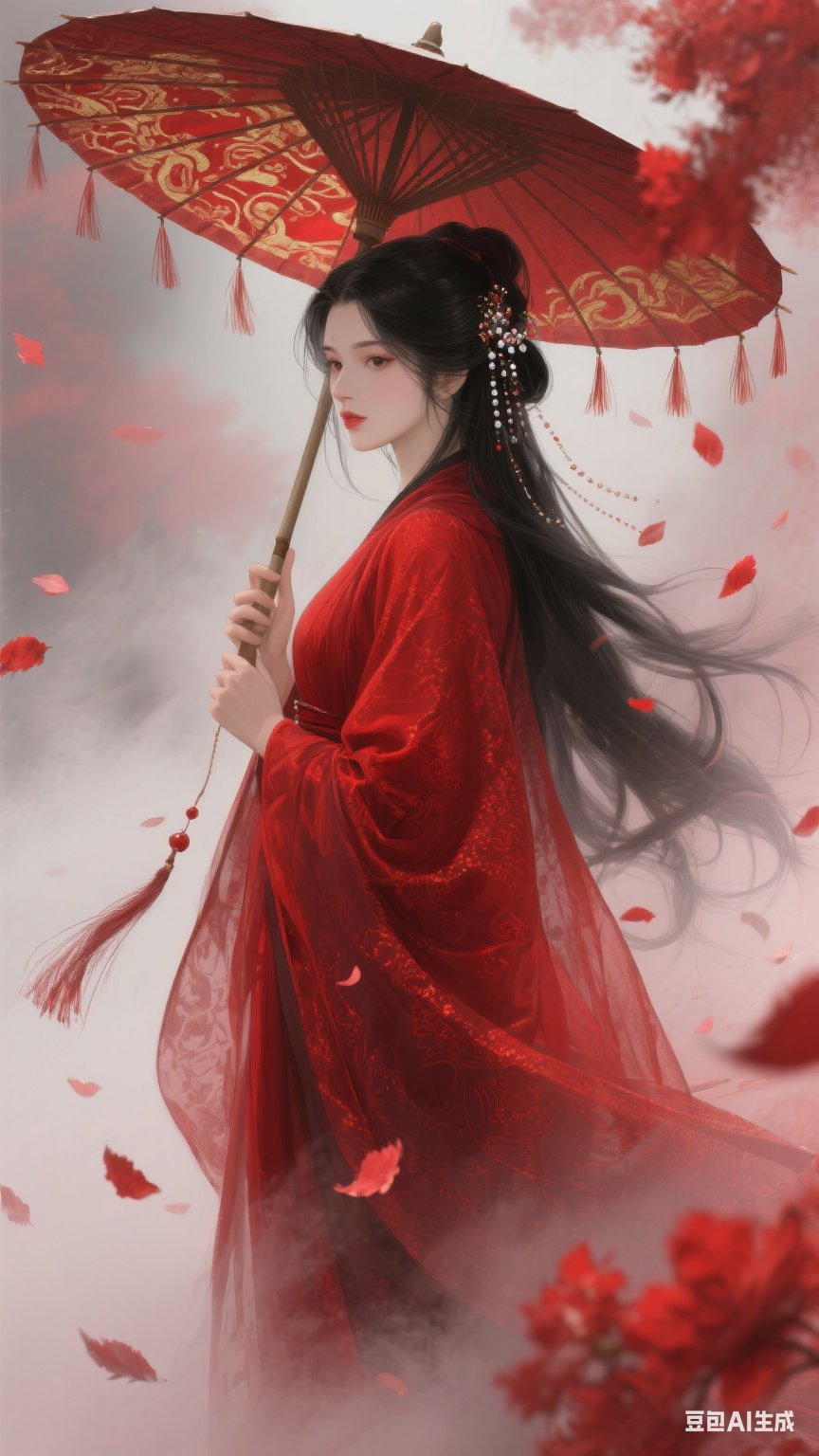 "漫步烟雨中,红衣女子执伞,翩若惊鸿