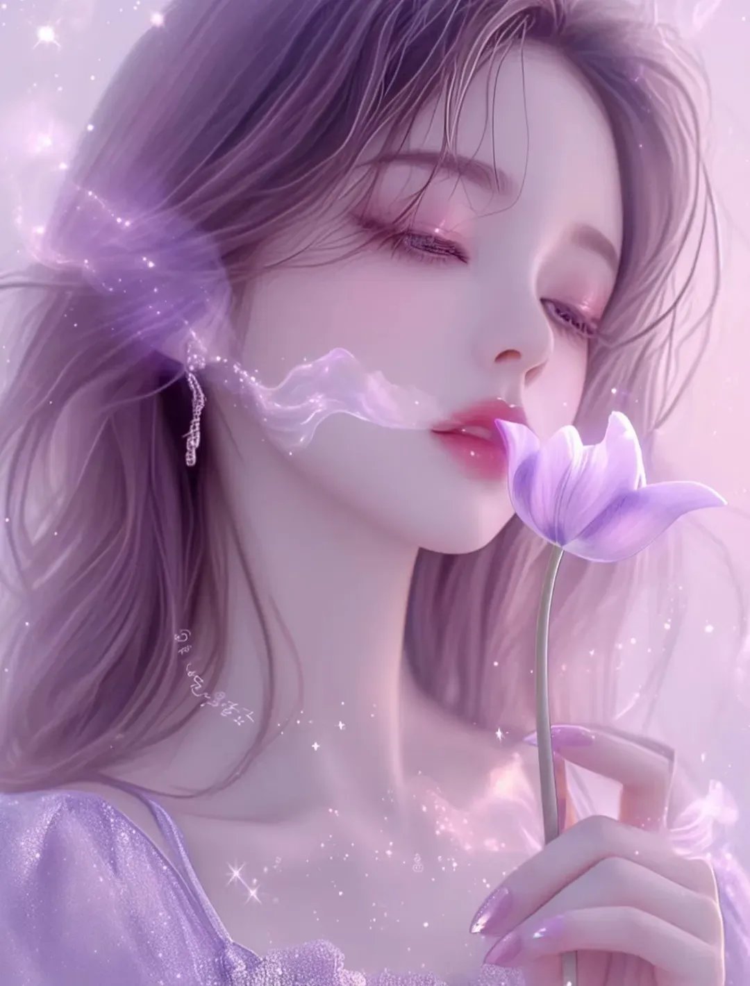 在夜的深处,她静立如梦,那淡紫色的长发如同星河倾泻,流光溢彩.