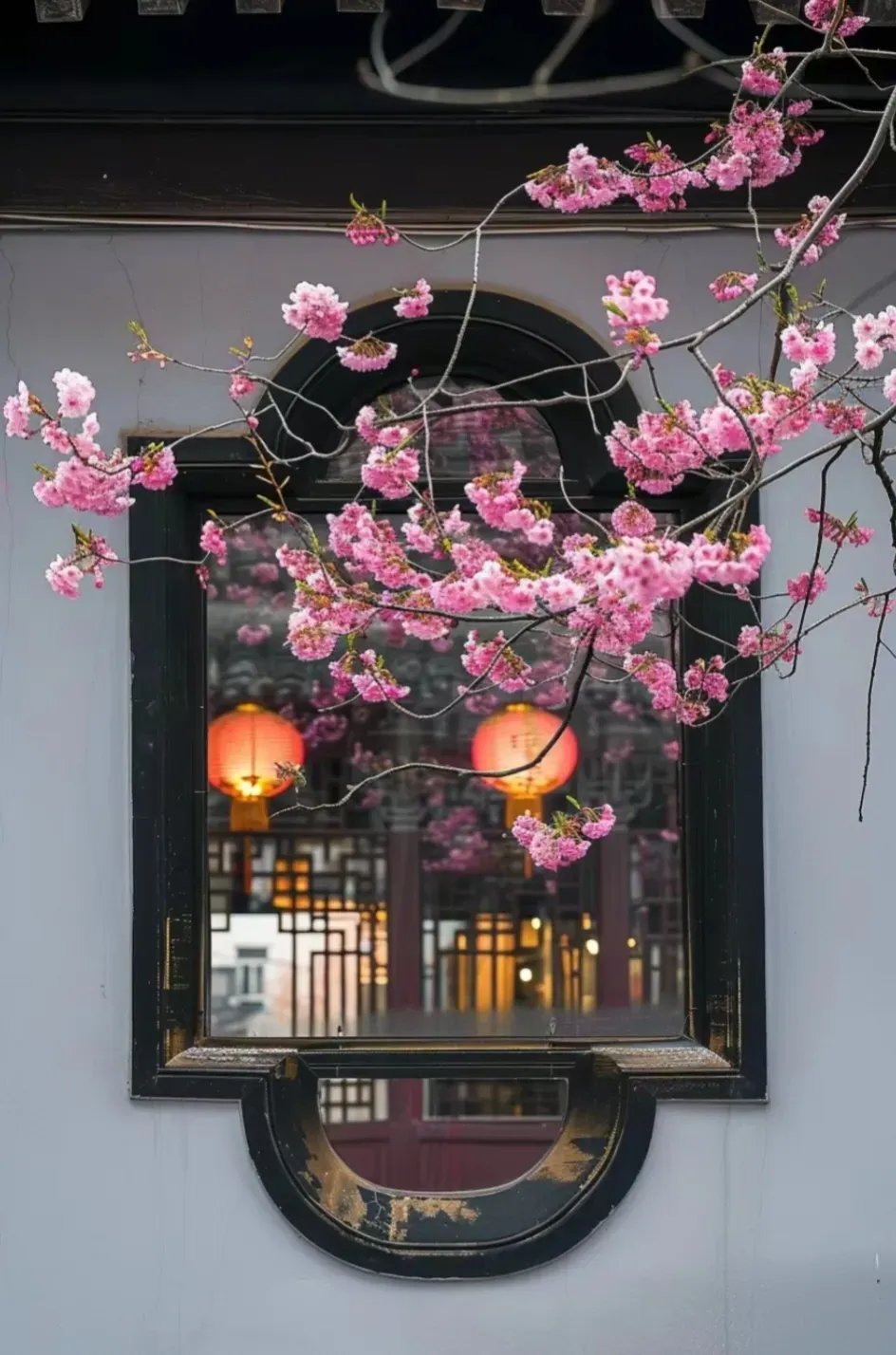 窗棂上中国风的精致装饰,与飘落的樱花瓣相映成趣.