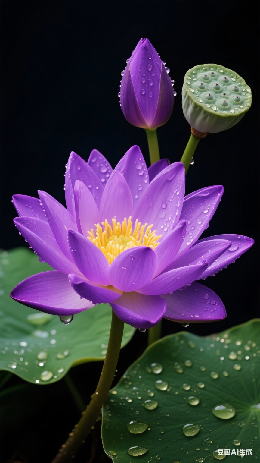 雨滴轻轻落在紫色的莲花上,仿佛大自然自己的调色板