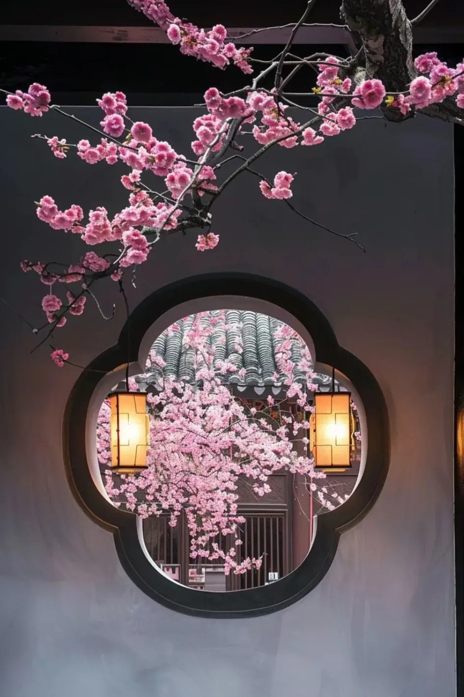 窗棂上中国风的精致装饰,与飘落的樱花瓣相映成趣.