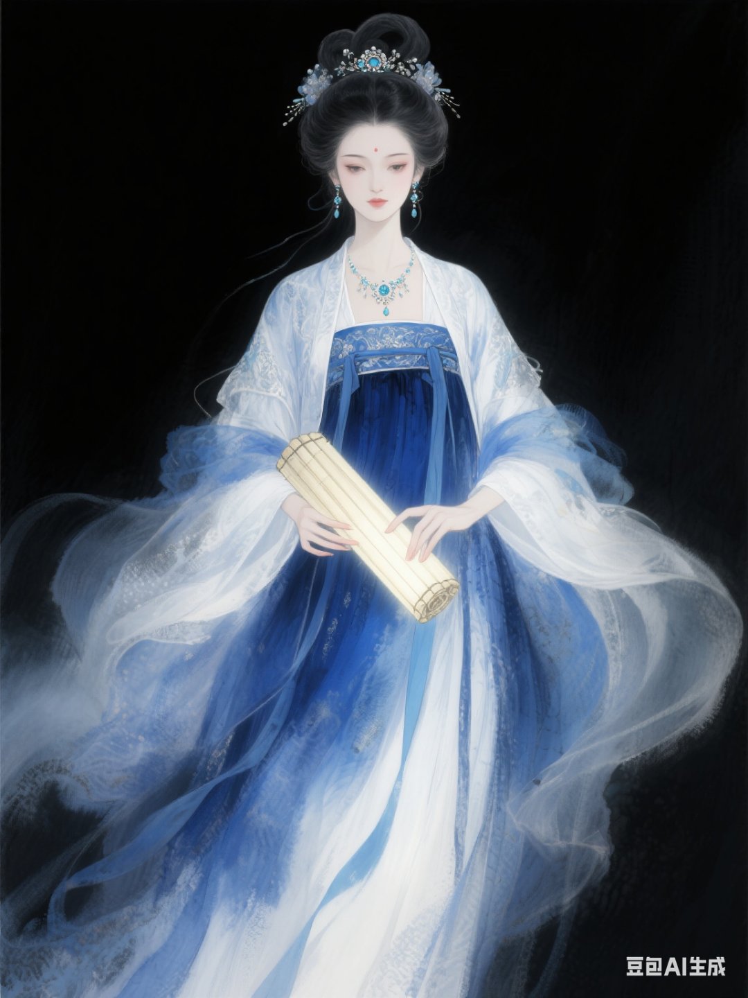 飘逸的汉服,蓝白渐变,仙气十足,手持竹扇,宛如古代美人