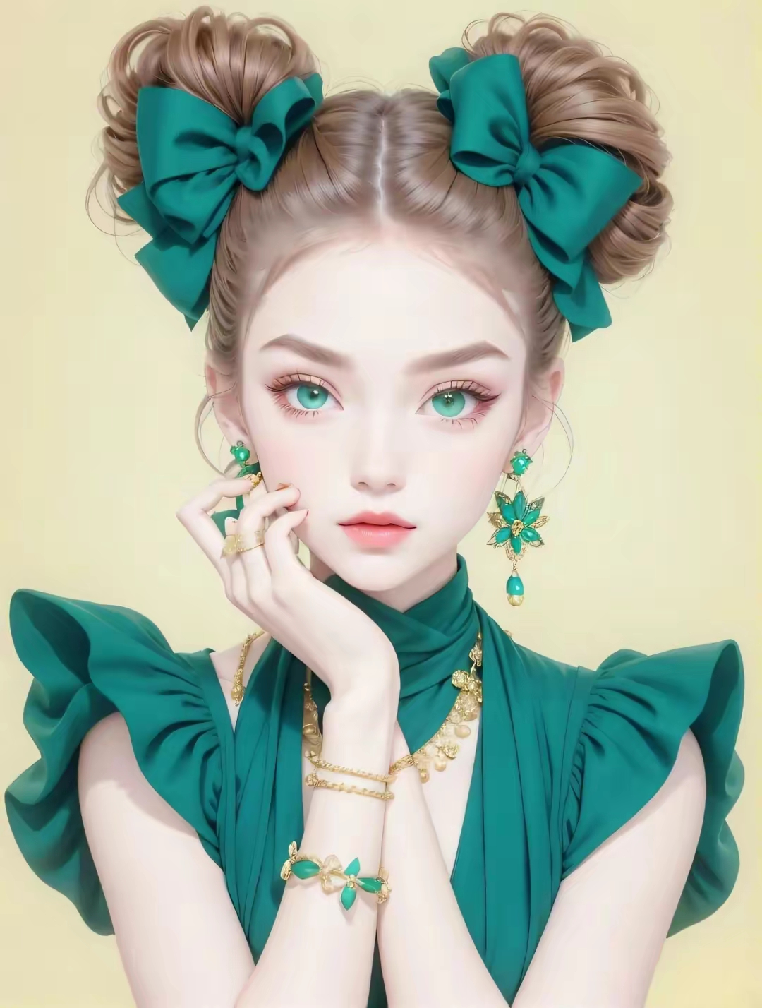 这个金发碧眼的少女,身穿绿色连衣裙,头戴绿色蝴蝶结,耳朵上的绿色