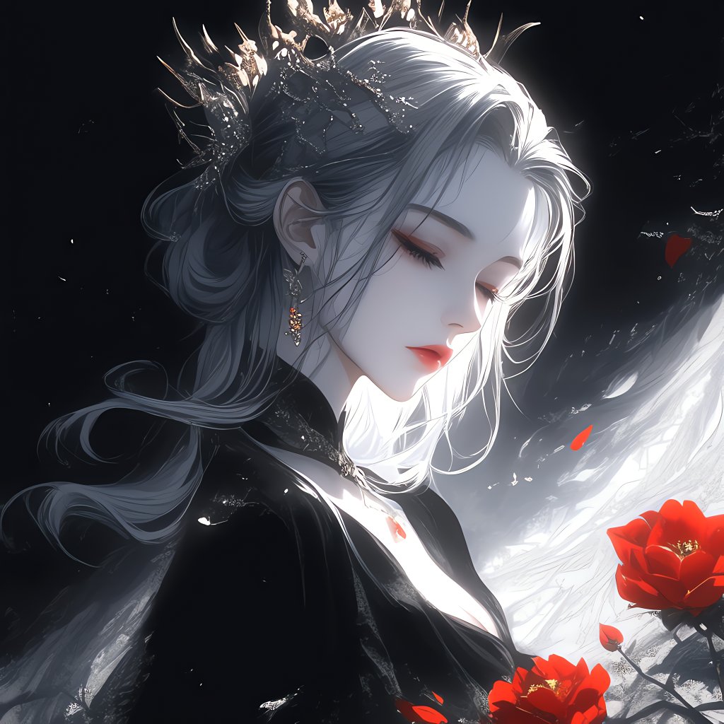 黑衣如夜,冠上星辰,手中花瓣轻舞,静谧而神秘