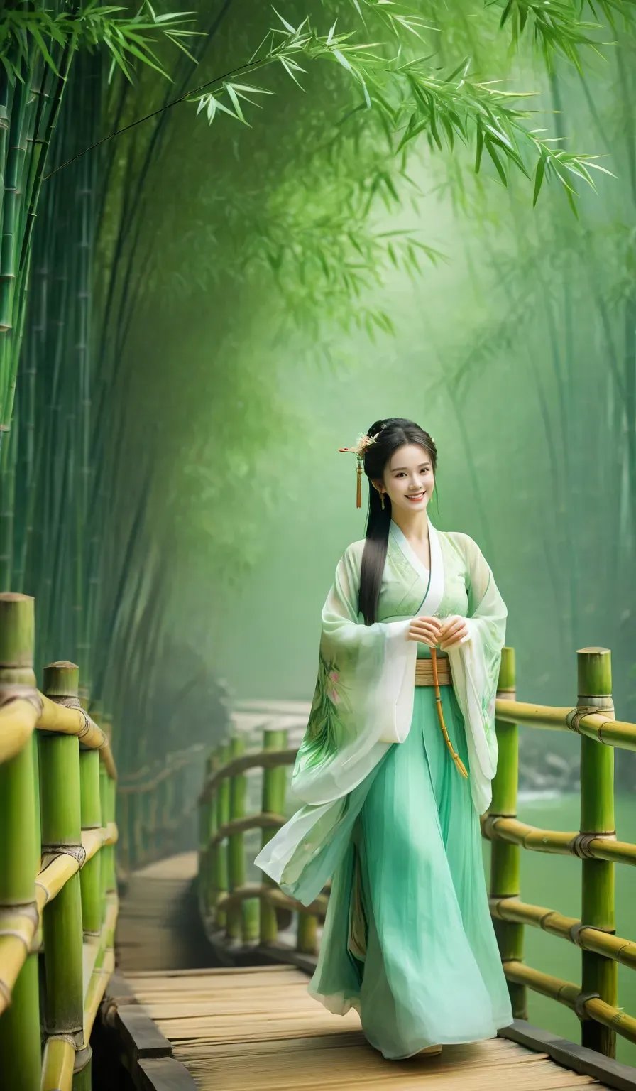 图中那古装少女,宛如诗中仙子,踱步于木桥之上.