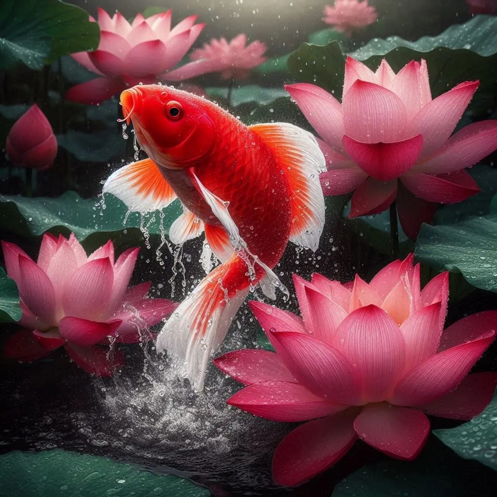 红鱼跃出,荷花盛开,静谧美好,一瞬间定格成永恒.