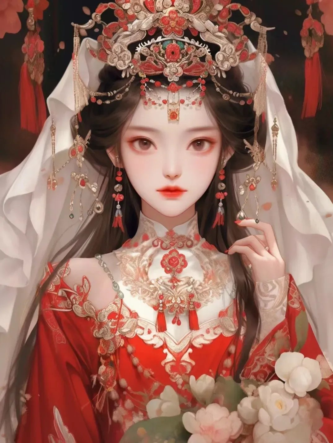 身穿红色嫁衣的女子,头戴凤冠霞帔,手持鲜花,宛如画中仙子.