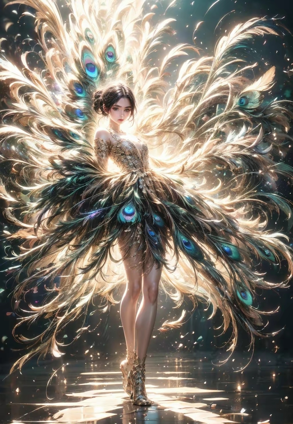 在璀璨灯光的映衬下,她身着由孔雀羽毛精心缝制的华服