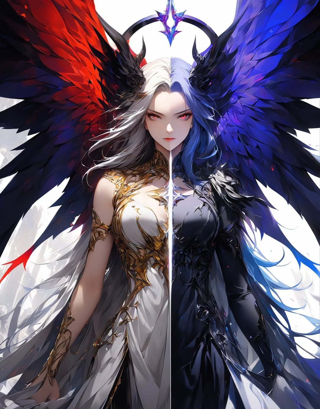 上半身的黑白羽毛翅膀与下半身的红黑羽翼形成鲜明对比,仿佛融合了