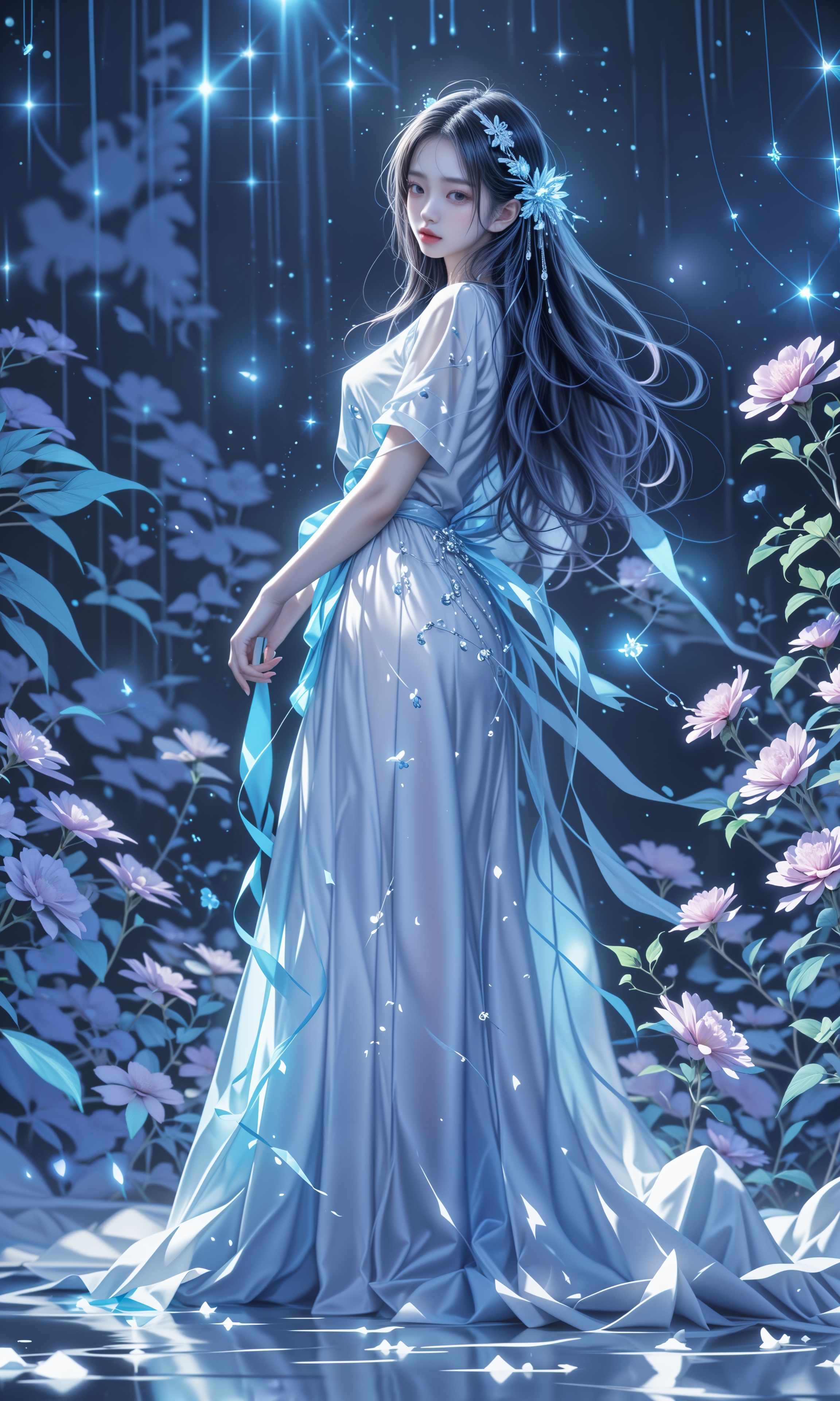 🌹  💃 她的长发如瀑布般流淌,头顶的蓝色花饰与裙摆相映成趣,更