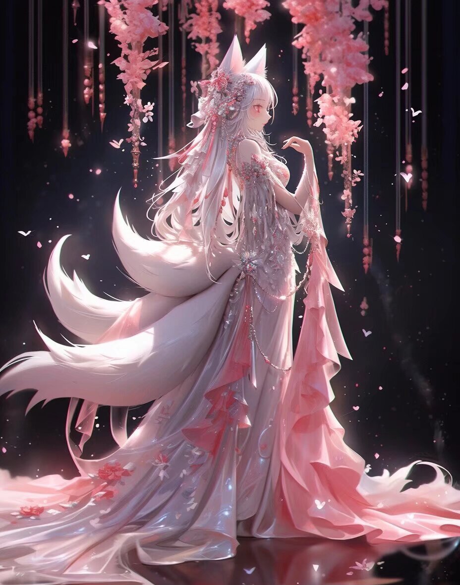 她的头发如樱花般绽放,耳朵尖细犹如小狐狸,透露出一种难以言喻的灵动