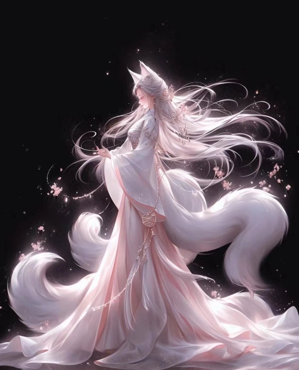 她的头发如樱花般绽放,耳朵尖细犹如小狐狸,透露出一种难以言喻的灵动