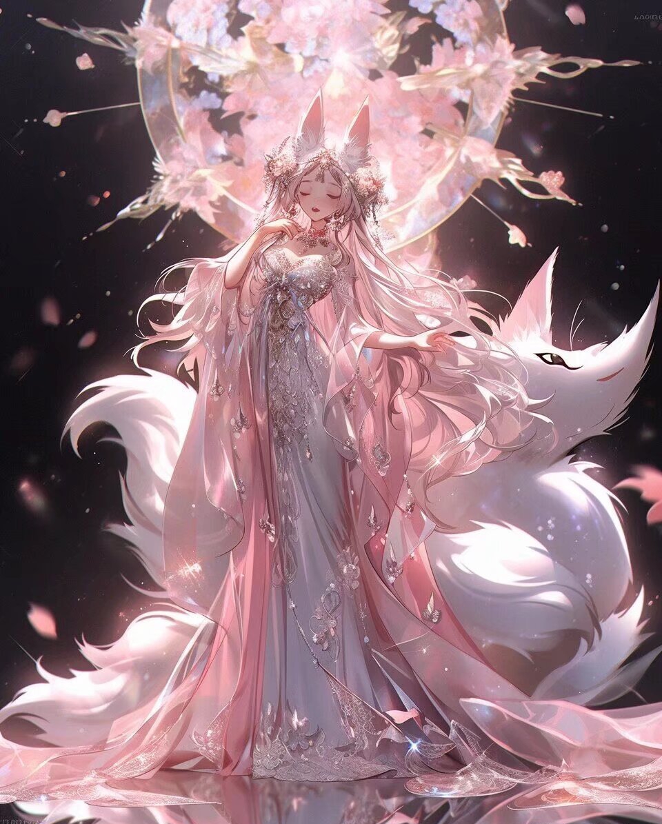 她的头发如樱花般绽放,耳朵尖细犹如小狐狸,透露出一种难以言喻的灵动