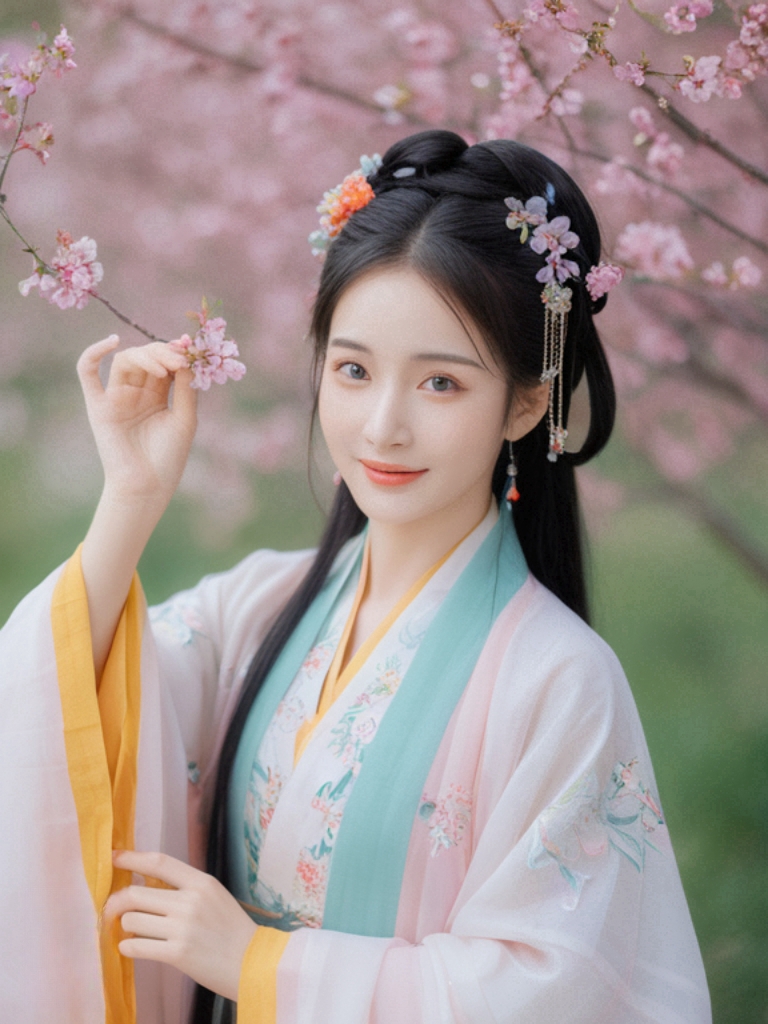 汉服女神与樱花之舞  在这张汉服女神的照片中,她站在粉红色樱花树下