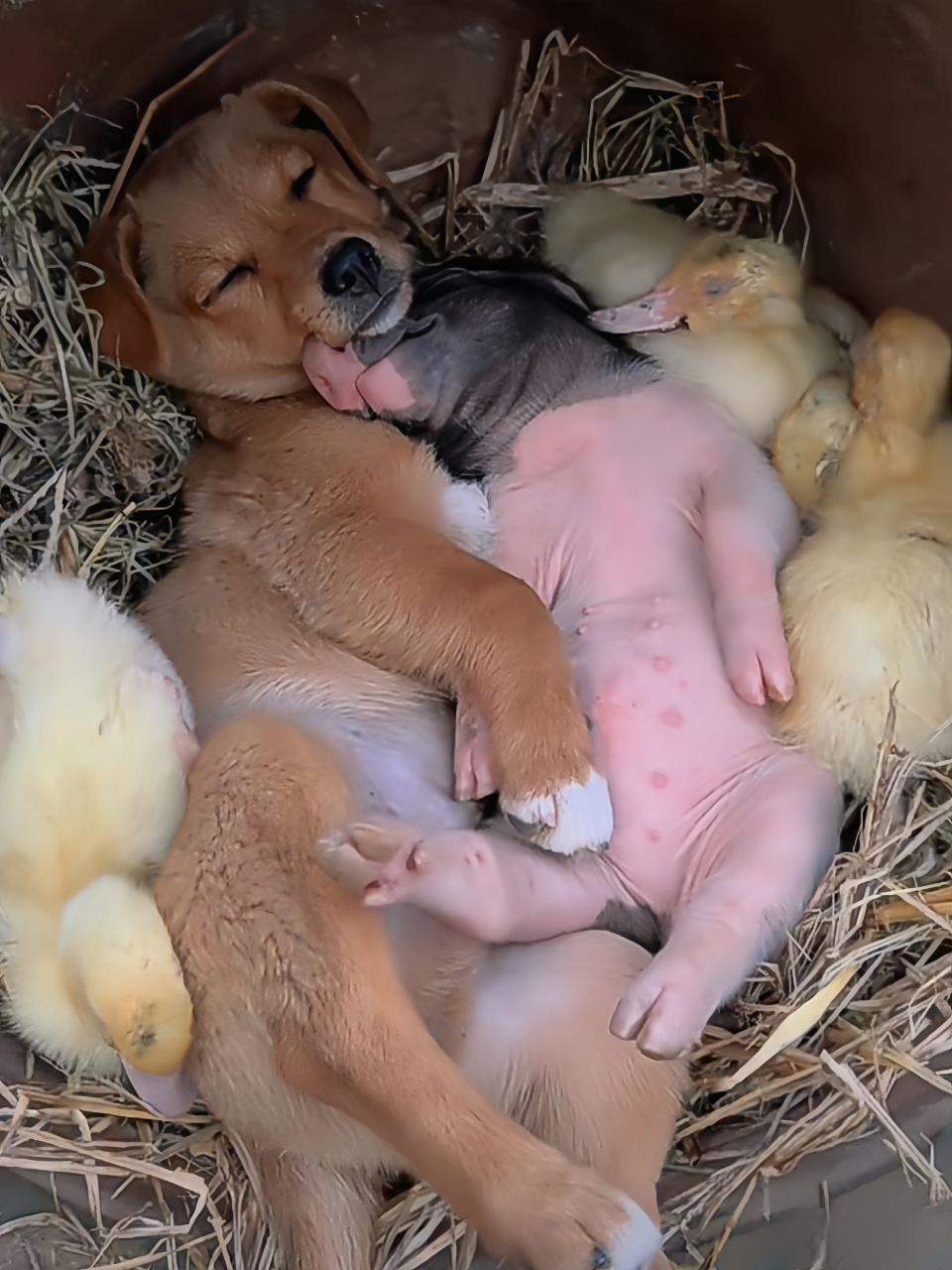 狗妈妈和她的宝宝们,仔细一瞅怎么小狗跟小鸭子们一块休息呢,这画面